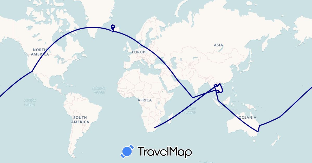 TravelMap itinerary: driving in United Arab Emirates, Australia, Denmark, Fiji, Indonesia, Iceland, Cambodia, Laos, Lesotho, Maldives, Singapore, Thailand, United States, Vietnam (Africa, Asia, Europe, North America, Oceania)