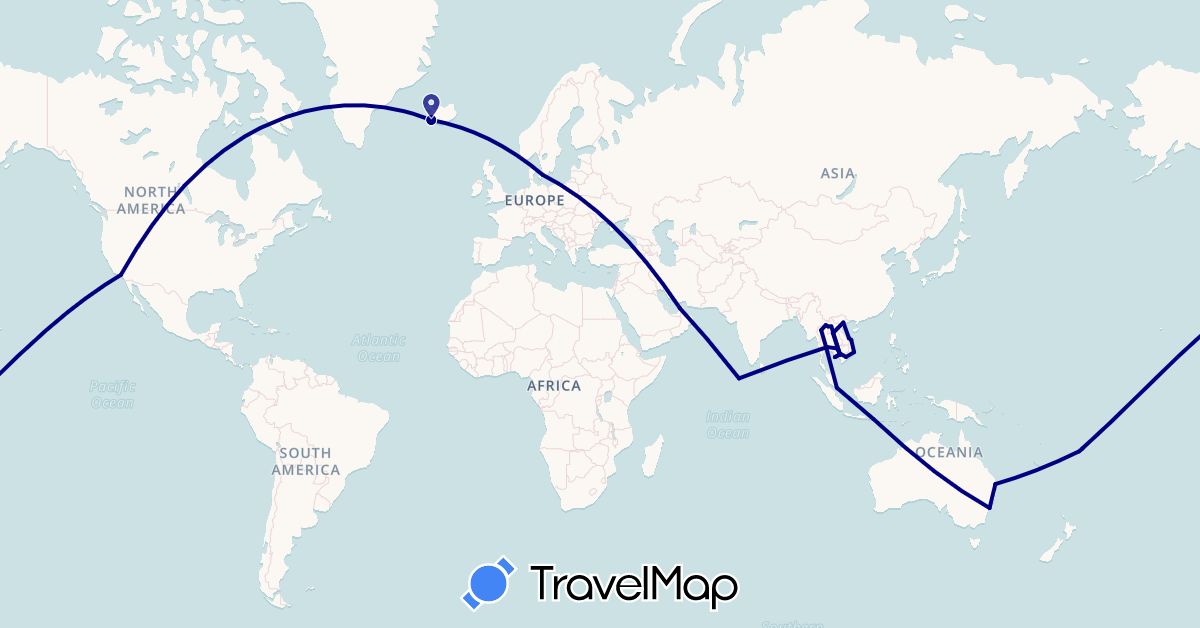 TravelMap itinerary: driving in United Arab Emirates, Australia, Denmark, Fiji, Indonesia, Iceland, Cambodia, Laos, Maldives, Singapore, Thailand, United States, Vietnam (Asia, Europe, North America, Oceania)